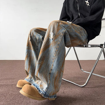 Aidase Spring and Autumn Tie Dyed Distressed Jeans, Men's Straight Leg American Trendy Brand Ruffian Handsome Casual Hip-hop High 2024 aidase-shop